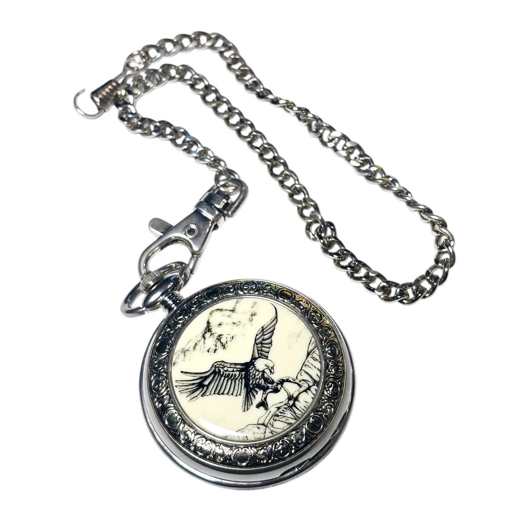Soaring Eagle Pocket Watch Silver Tone Quartz Chain Works New Battery Japan Mvmt
